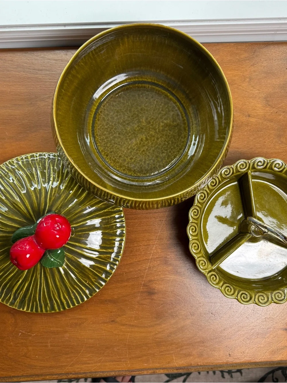 Vtg Maurice California Green Nut 3 Section Dish MCM & Lidded Casserole HTF Apple